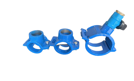 Small-boss and large-boss cast iron tapping saddles for PVC pipes.